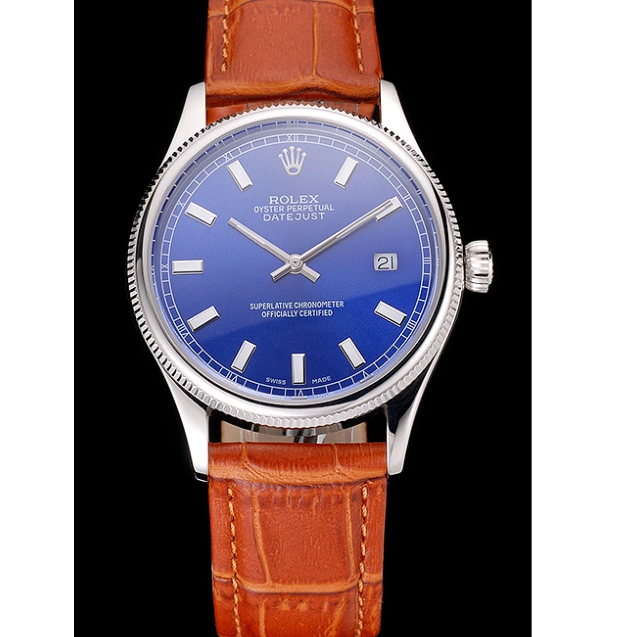Aaa replica Case Blue Light Strap Datejust Swiss Dial Rolex Brown Leather Steel Stainless 0814